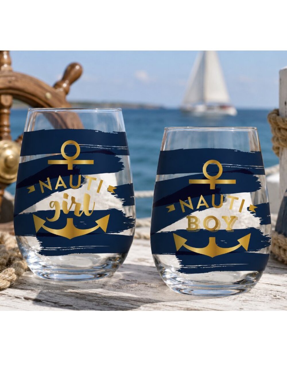 Nautical Nauti Girl & Boy Set of 2 Stemless Wine Glasses Gold Lettering Naughty